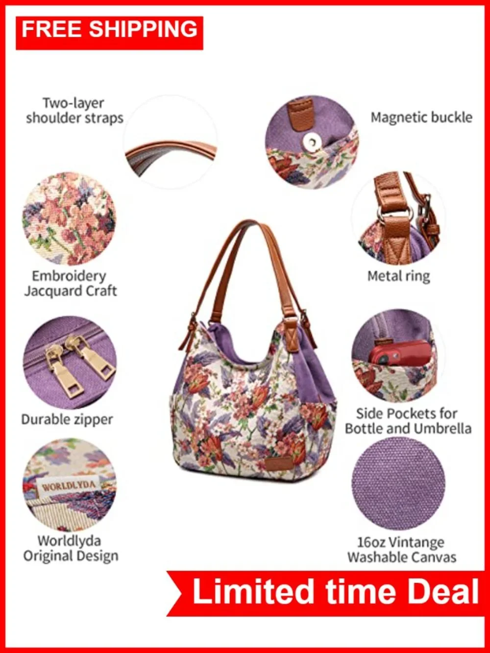 Canvas Hobo Purse Multi Pocket Tote Shopper Shoulder Bag Embroidery Ethnic